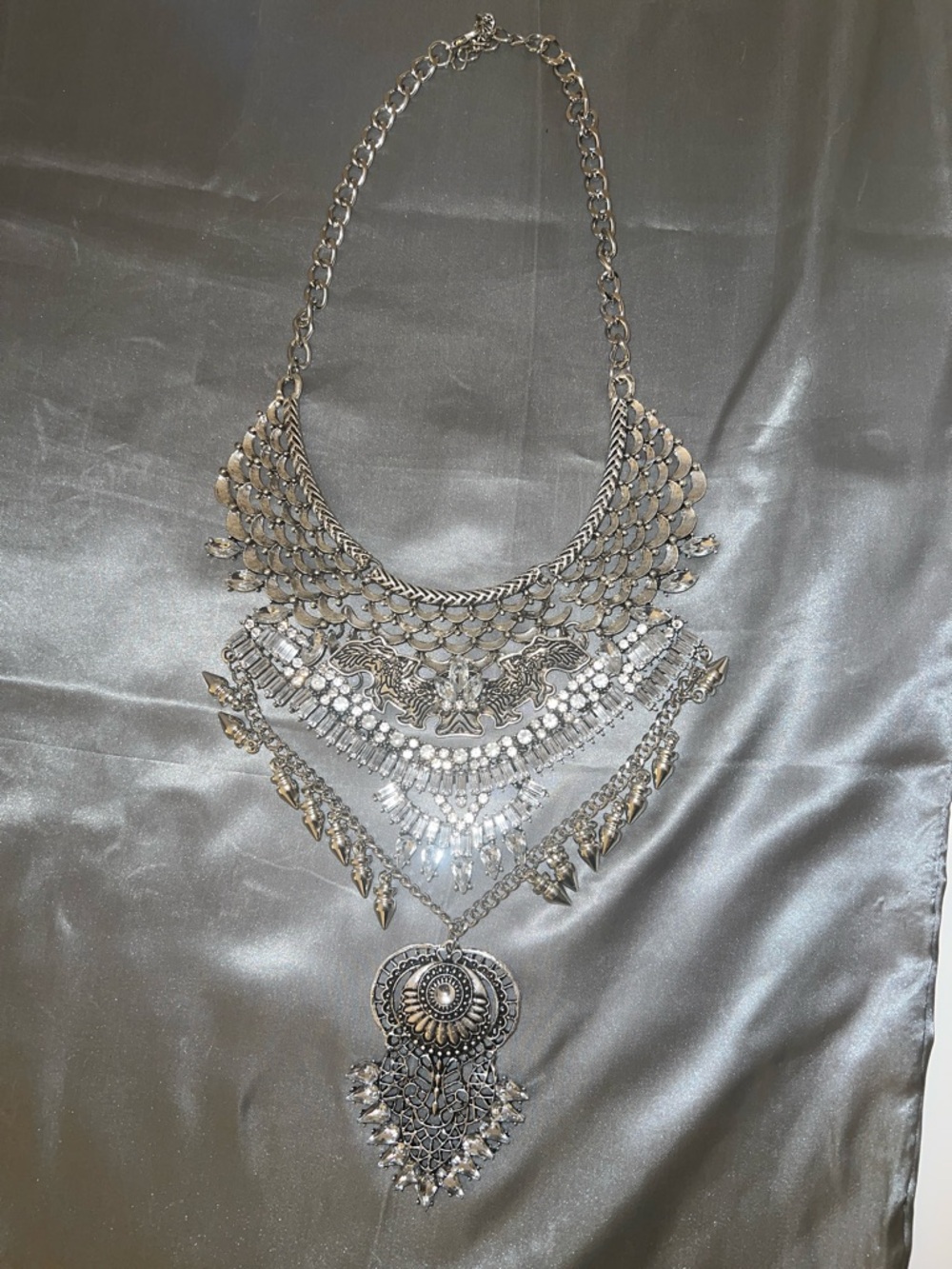 Silver Statement Layered Bib Necklace - Unbranded